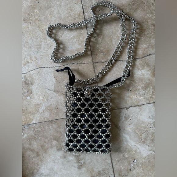 Ladies, black and silver beaded iPhone holder long purse handle top fasten. - Picture 6 of 13